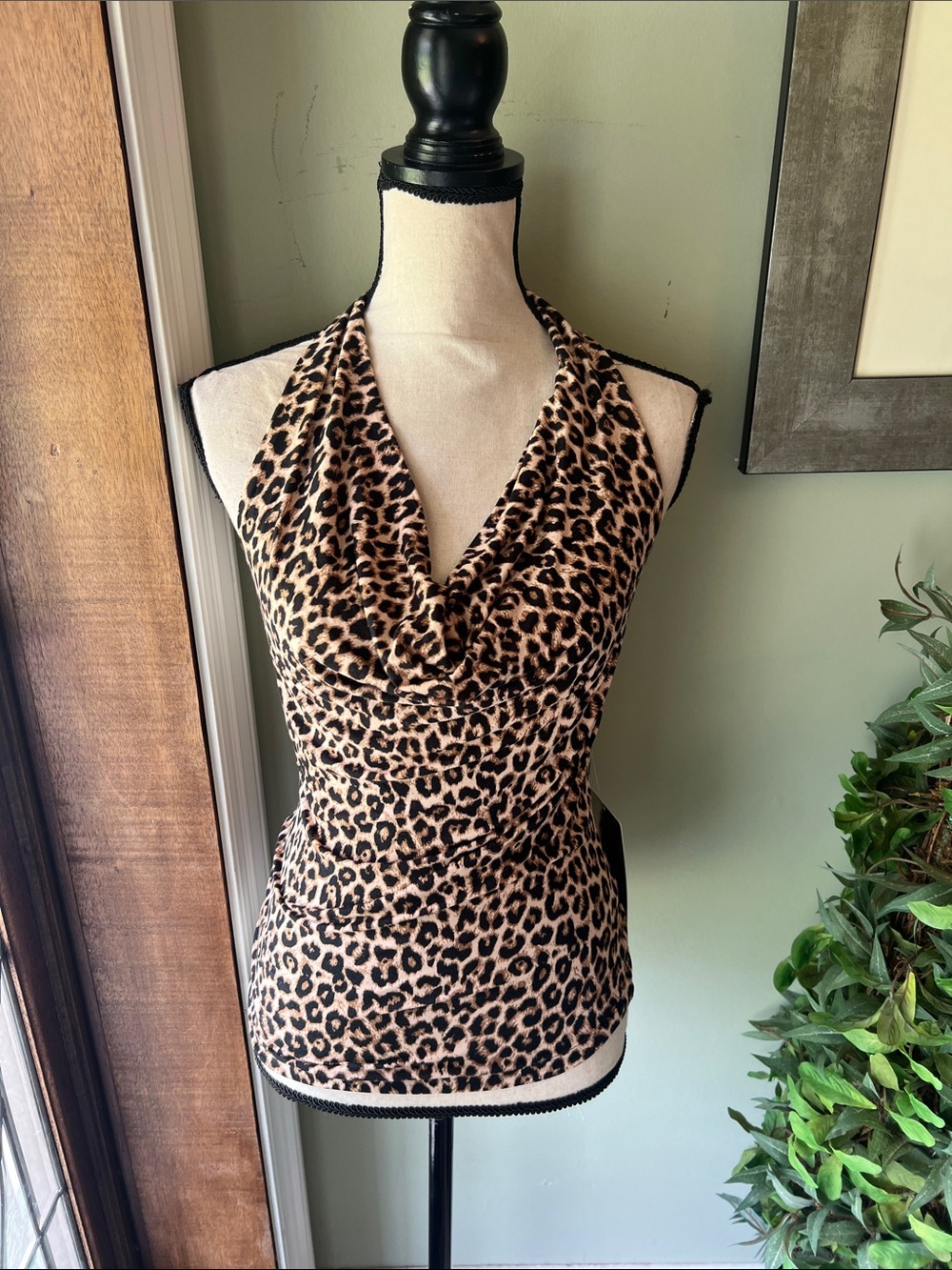 Leopard Print Cowl Neck Halter Top - Beige/Black